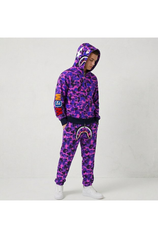 Unisex Purple Bape Shark Hooded Zippered Oversize Tracksuit Set - Bape Set
