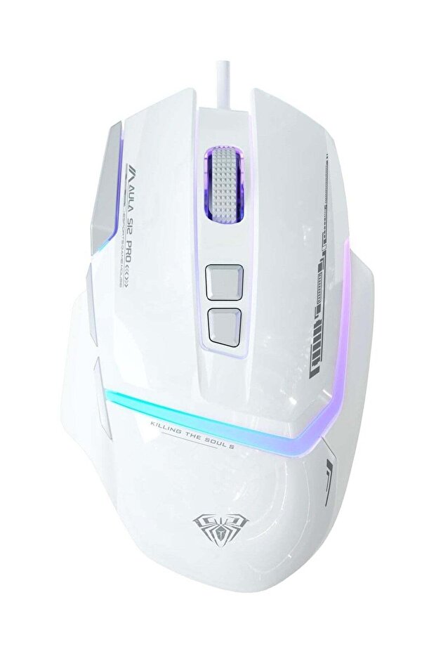 ماوس ألعاب سلكي S12Pro للرياضات الإلكترونية - إضاءة خلفية RGB، برمجة ماكرو، قابل للتعديل من 1200 إلى 12800 نقطة في البوصة، ماوس بصري USB للكمبيوتر (أبيض)