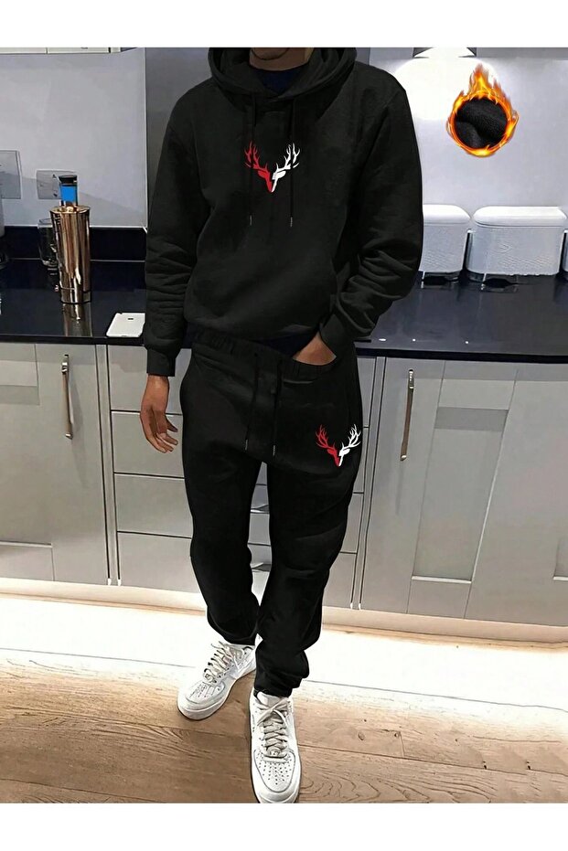 Men's Printed Oversize Tracksuit Set - Hooded Sweat Jogger Sweatpants