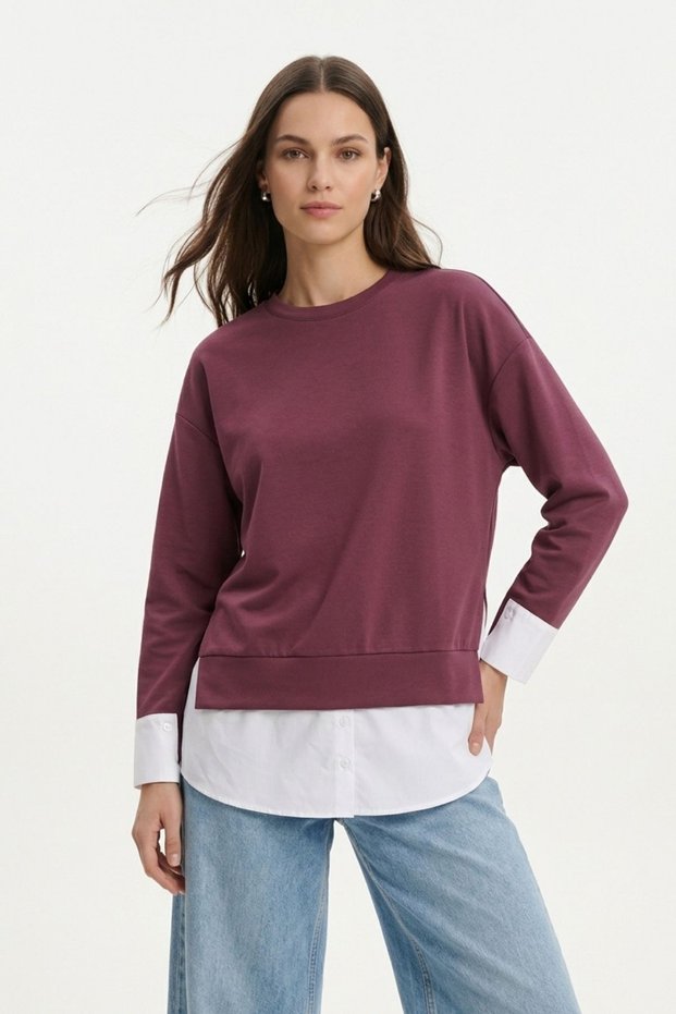 Burgundy Crew Neck Garnished Blouse 8375