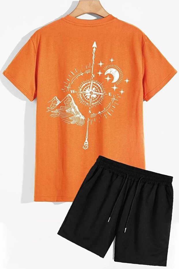 Back Printed Tracksuit Set - Crew Neck T-Shirt Shorts Set