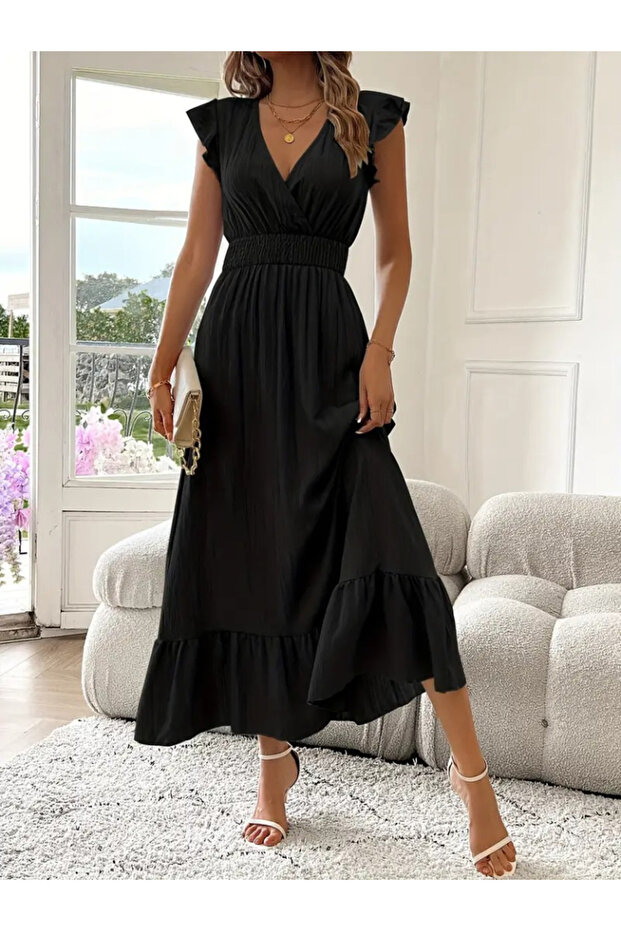 Women's Short Sleeve Double Breasted Collar Elastic Waist Muslim Dress