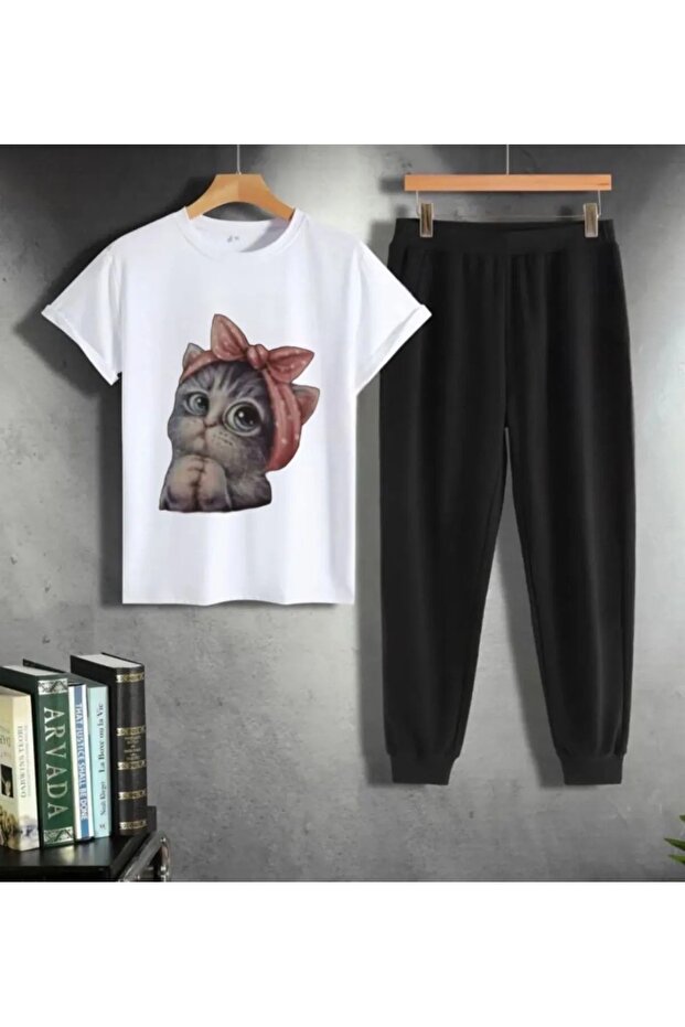 Unisex Kids Cat Printed Tracksuit Set - T-Shirt Jogger Sweatpants Set
