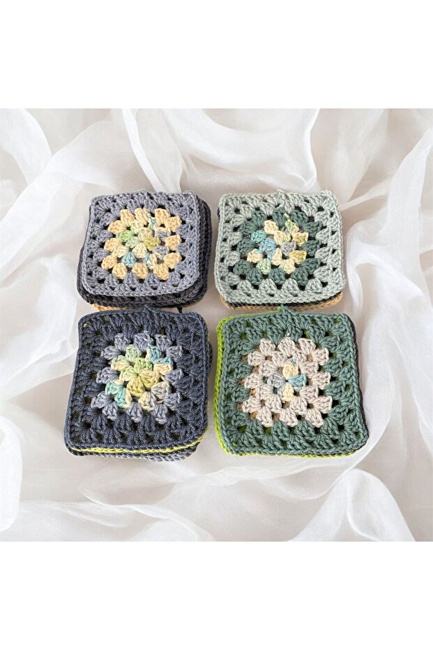Hand-Knitted Crochet Ready-Made Motif 18 Pieces Crochet Granny Square Pattern 10X10 cm Blue Green Cream