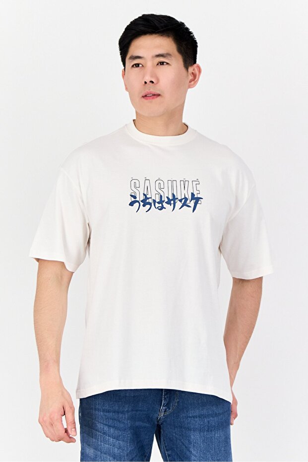 Men Crew Neck Short Sleeve Graphic Print T-Shirt, Off White