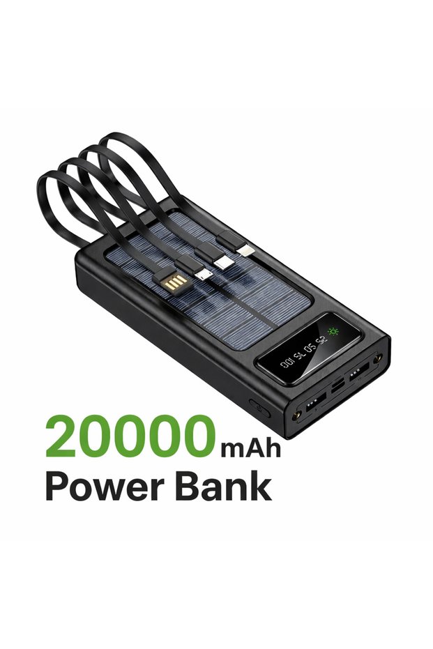 ZHY 20000mAh Solar Power Bank Fast Charging LED Display 4 USB Portable Battery Pack Black