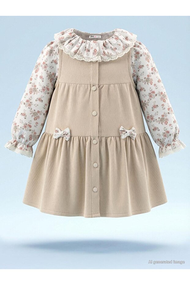 Buttoned Front Dress for 2-5 Years Old - Beige