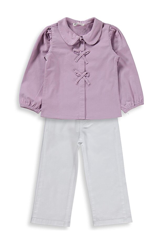 Bow Tie Shirt and Pants Double Set for 2-5 Years - Lilac