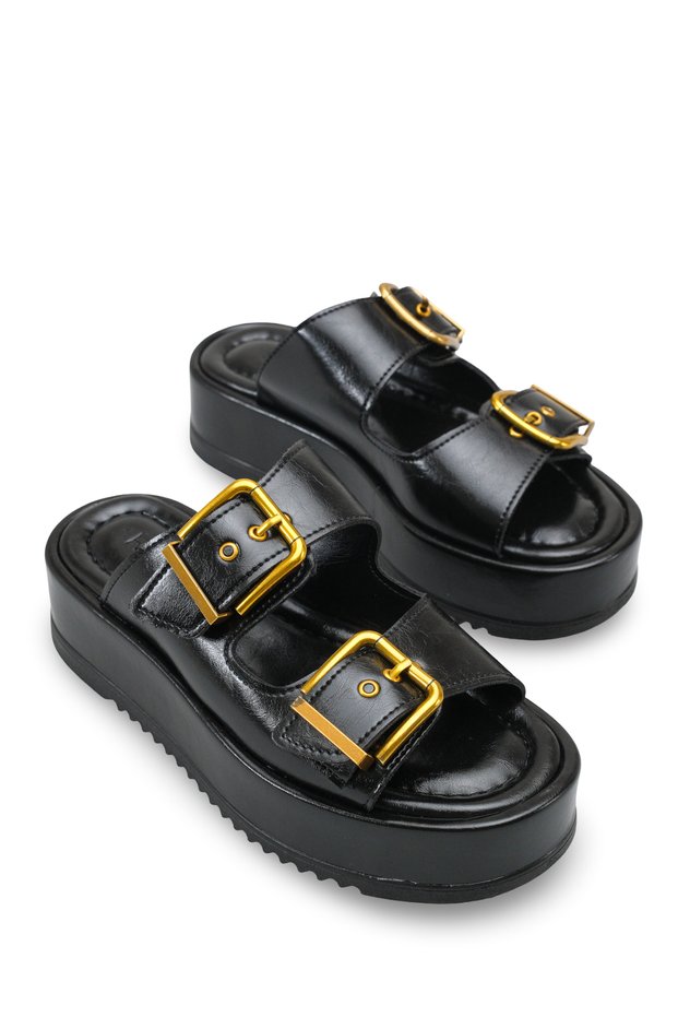 Winledha Women's Double Buckle Slippers 001278 Black Rustic