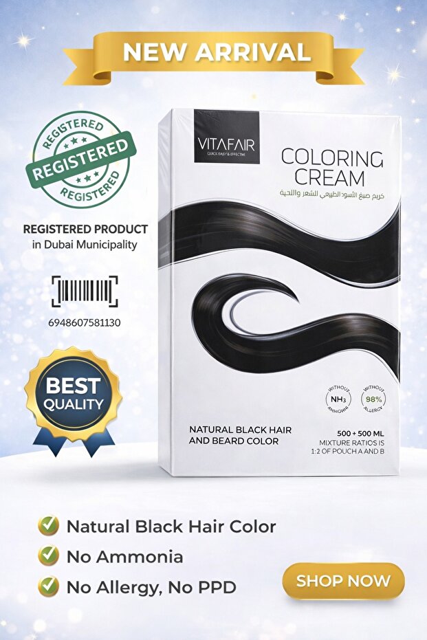 VITAFAIR Natural Black Hair & Beard Coloring Cream – 500ml + 500ml