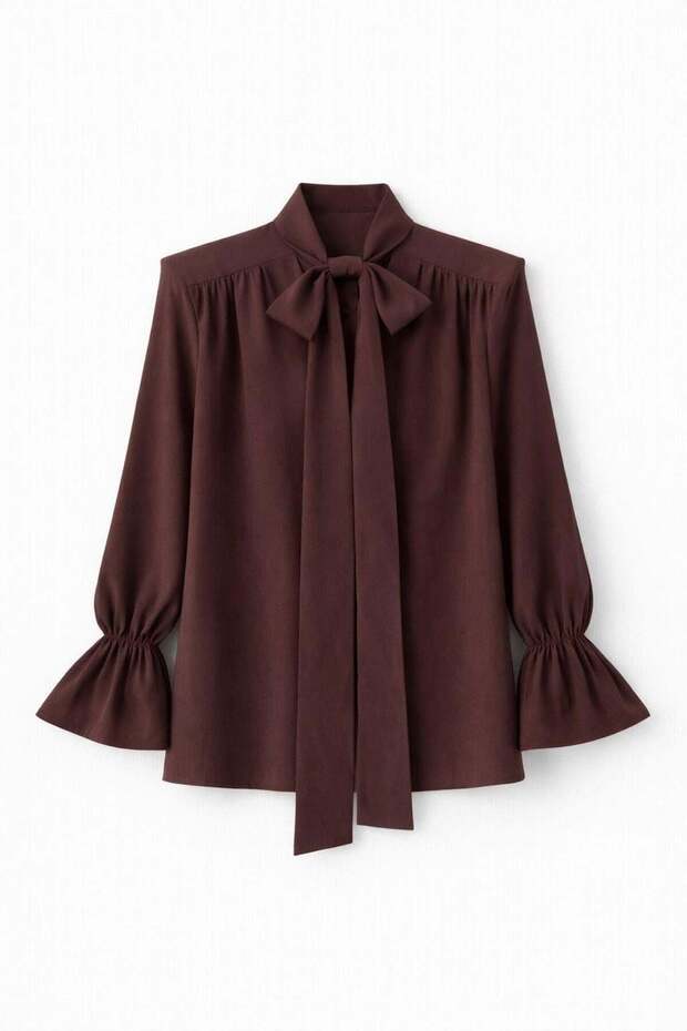 V-Neck Tie-Neck Coffee Blouse