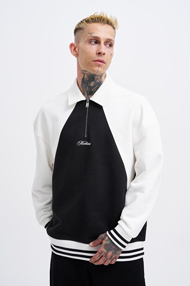 Men's Embroidered Detailed Polo Sweatshirt Black-Ecru