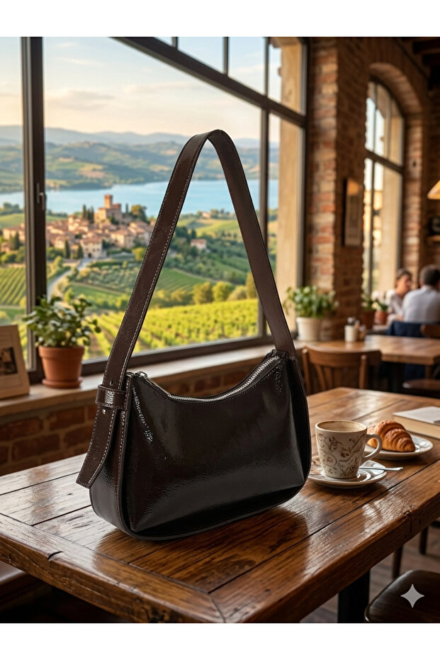 Bitter Brown Patterned Patent Leather Baguette Shoulder and Hand Bag