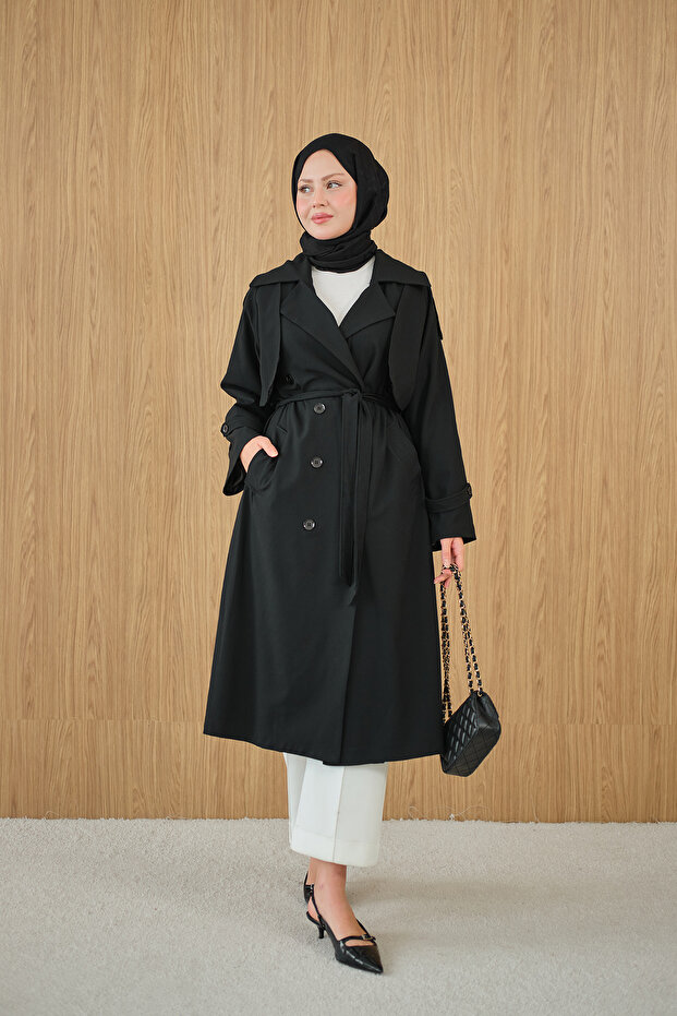 Women's Double-Breasted Collar Waist-Tie Double-Pocket Trench Coat Black