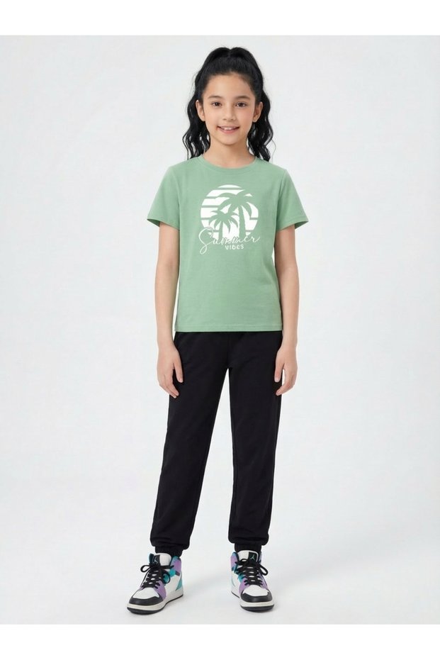 Round Neck T-Shirt Long Sweatpants Print Detailed Girls' Top and Bottom Set