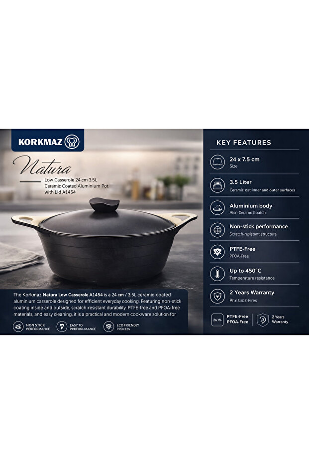 Korkmaz Natura Low Casserole 24 cm 3.5L Ceramic Coated Aluminium Casserole with Lid, Non-Stick