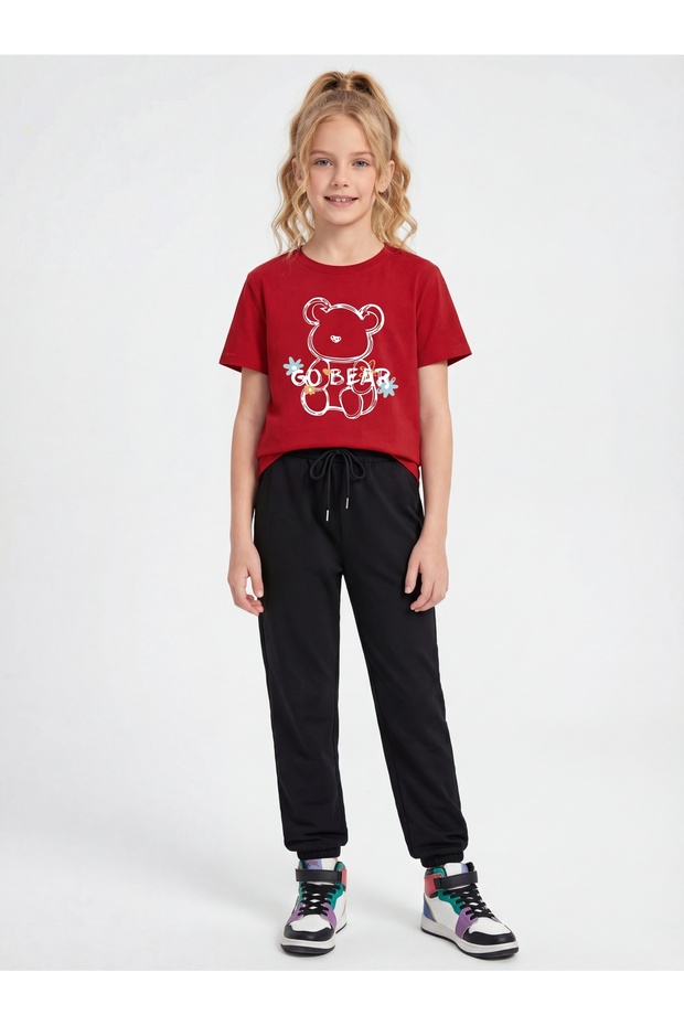 Round Neck T-Shirt Long Sweatpants Print Detailed Girls' Top and Bottom Set