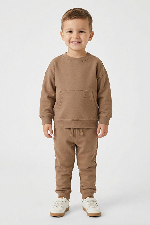 Toddlers Boy 2Pcs Brand Logo Long Sleeve Sweatshirt With Jogger Pants Set, Brown