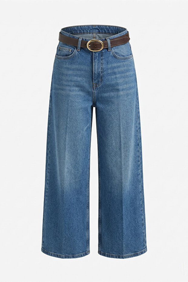 Premium Belted Flare Jean- Blue