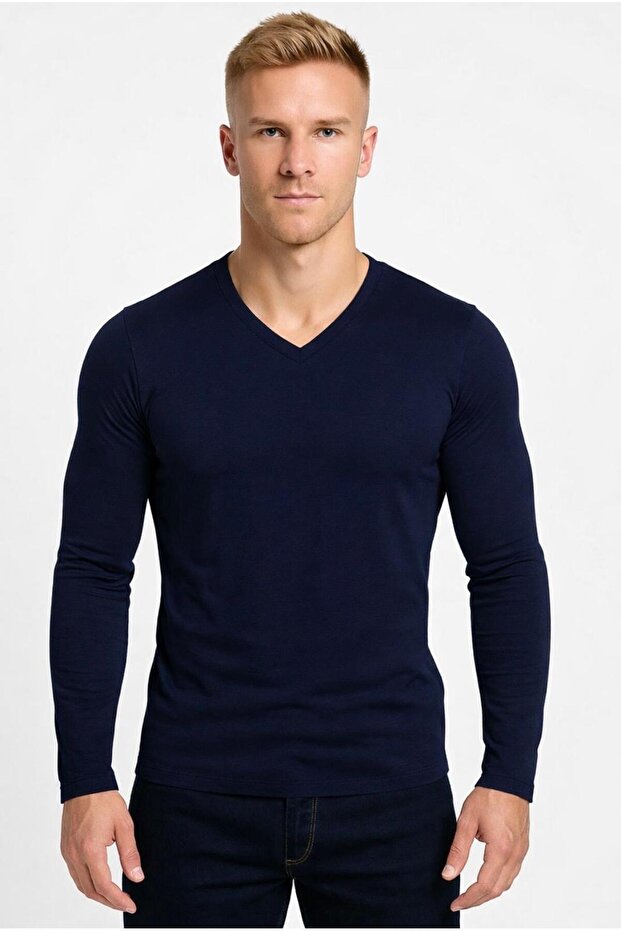 Men's Navy Blue Cotton Lycra Single Jersey Long Sleeve T-Shirt-D236