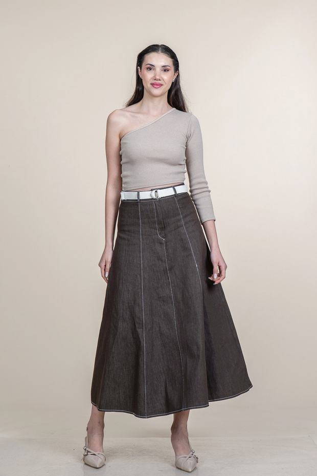 Women's Summer Coffee Garni Stitched Belted Denim Skirt Stylish Daily Comfortable 6885