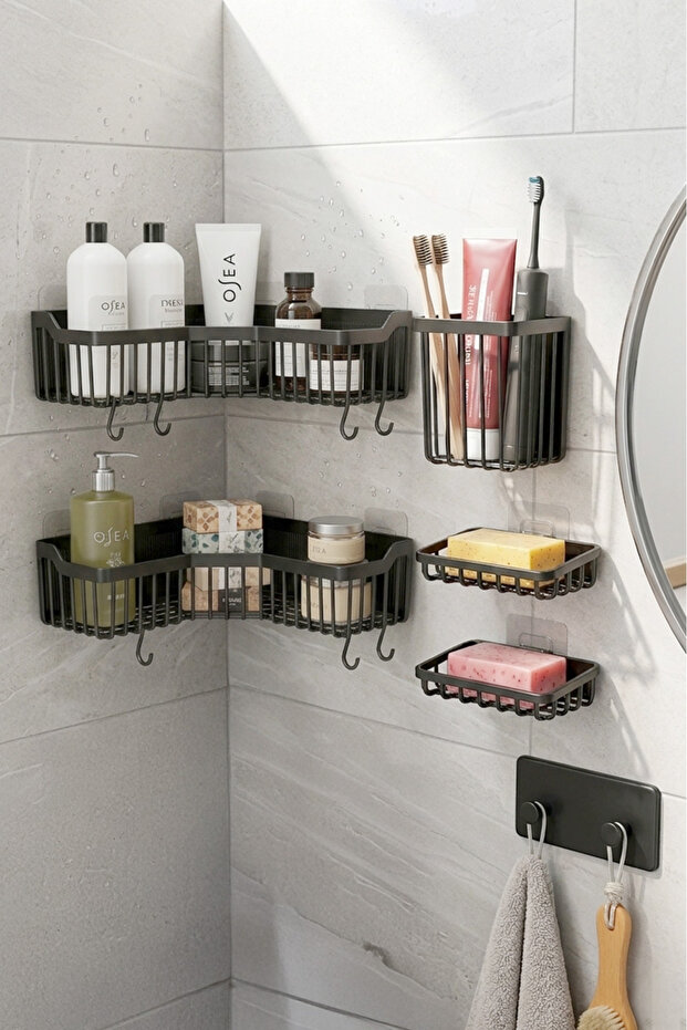 ATA HOME Banyor 6'lı Yapışkanlı Banyo Köşelik Seti Banyo Rafı, Banyo Düzenleyici Köşelik, Duş Rafı Şampuanlık