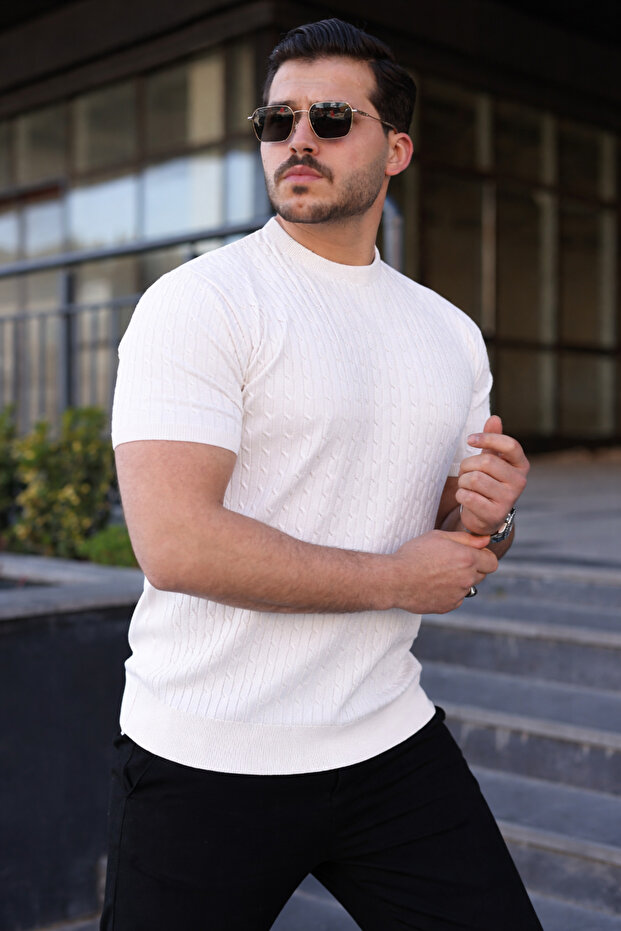 Men's Premium Striped Summer White Slim Fit Knitwear T-Shirt