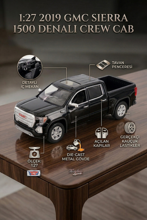 Motor Max 1:27 2019 Gmc Sierra 1500 Denali Crew Cab Black Licensed Diecast Metal Model Car