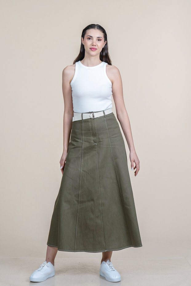 Women's Summer Khaki Garni Stitched Belted Denim Skirt Stylish Daily Comfortable 6885