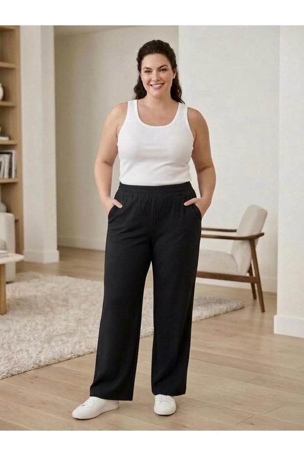 Wide Leg Elastic Waist Crepe Pocket Trousers