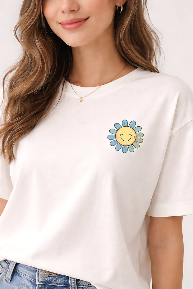 Smiling Daisy Printed Unisex Oversize T-Shirt – Cotton Crew Neck Casual Streetwear T-Shirt
