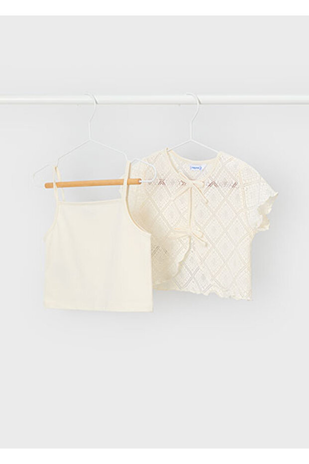 Girl's Crochet 2-Piece T-Shirt Set Beige - 3015