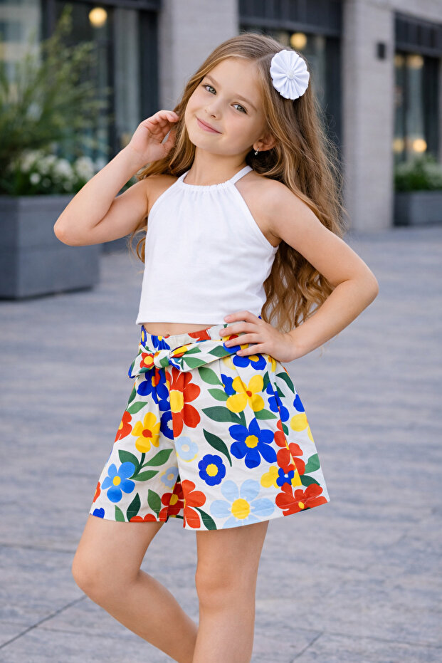 Girl's Floral Patterned Shorts Set with Strap Top and Accessories 3 Pieces - 3/12 Years - 31701