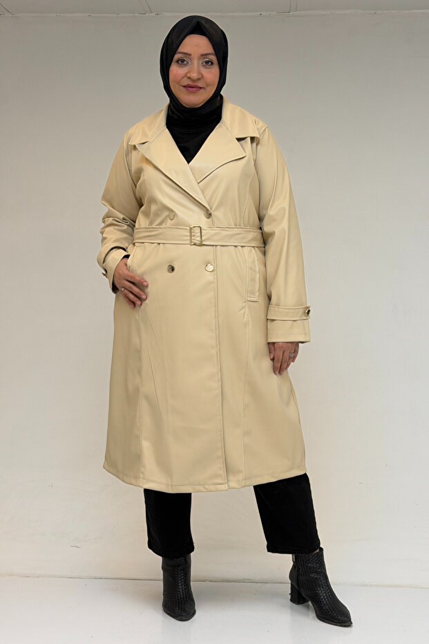 53073 plus size belted leather trench coat - beige