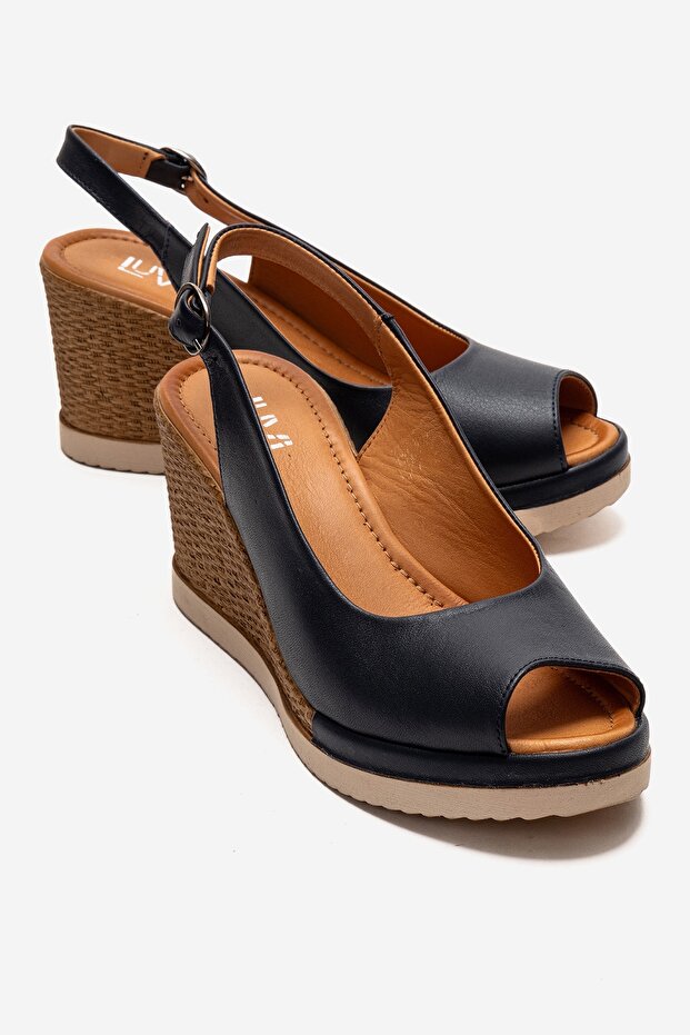 Helina Navy Blue Genuine Leather Women's Wedge Heeled Sandals