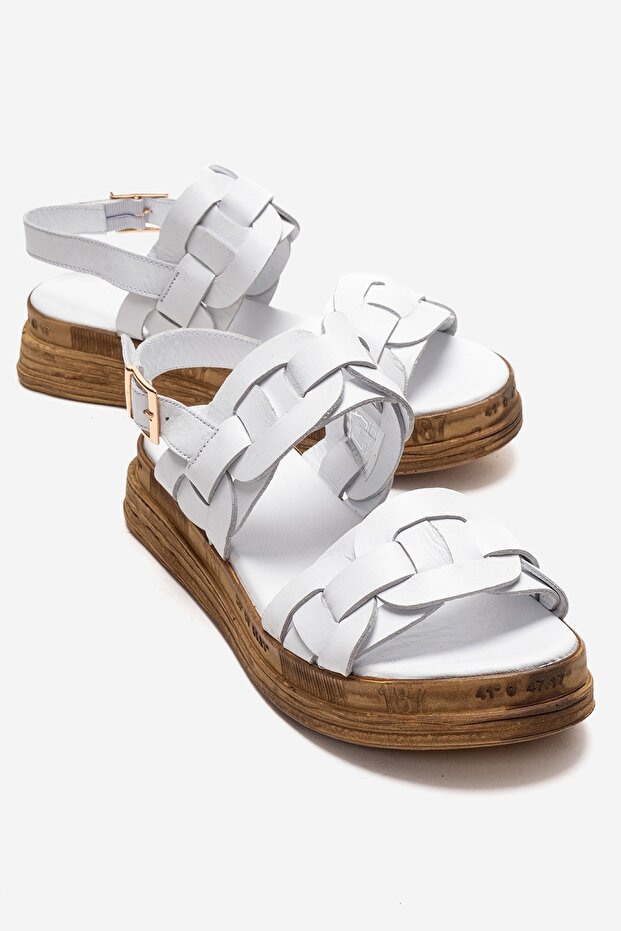 Elvoro White Genuine Leather Women's Sandals with Knitted Straps