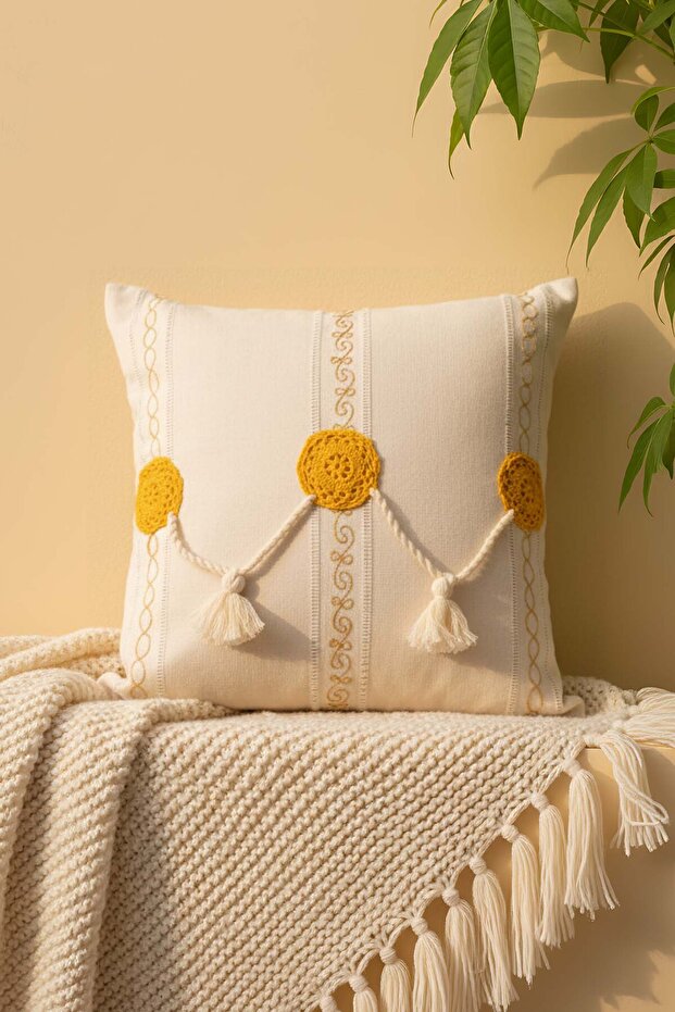 Yellow Motif Tasseled Decorative Throw Pillow Cover