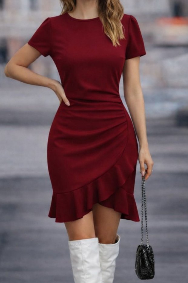 Women's Crew Neck Short Sleeve Flounce Crepe Dress