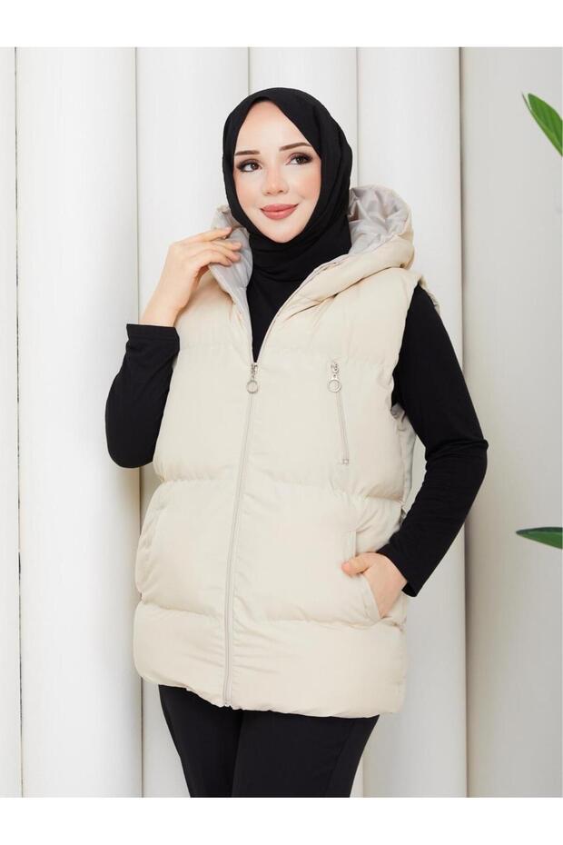Women's Zippered Pocket Hooded Cream Puffer Vest