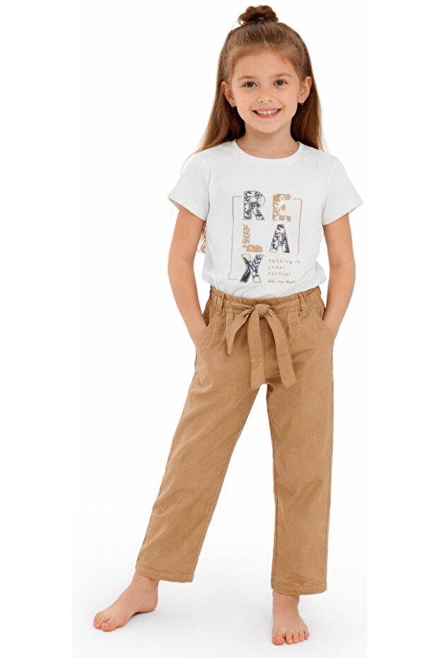 Girl's Relax Text Patterned T-Shirt and Aerobin Pants Brown Color Two-Piece Set