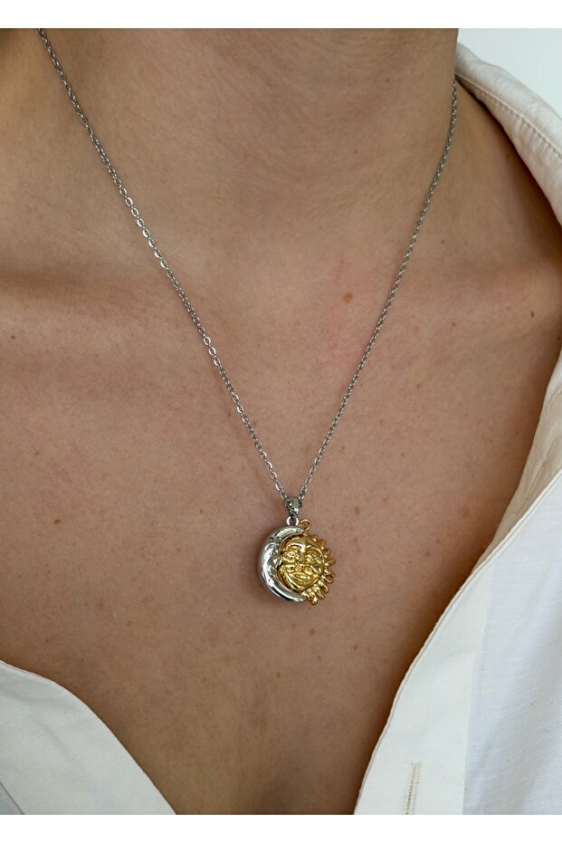 Steel Gold, Moon Sun Necklace 45 cm (+5 cm Extension)