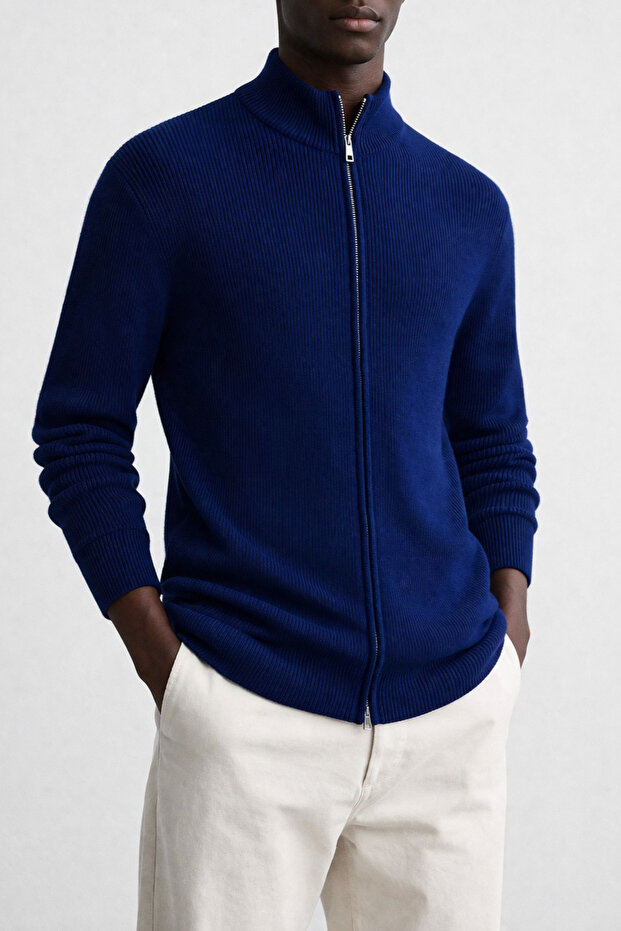 Men'S, Stand-Up Collar, Zipper, Flexible Structure, Fitted Look Sweater, Cardigan Pltk14