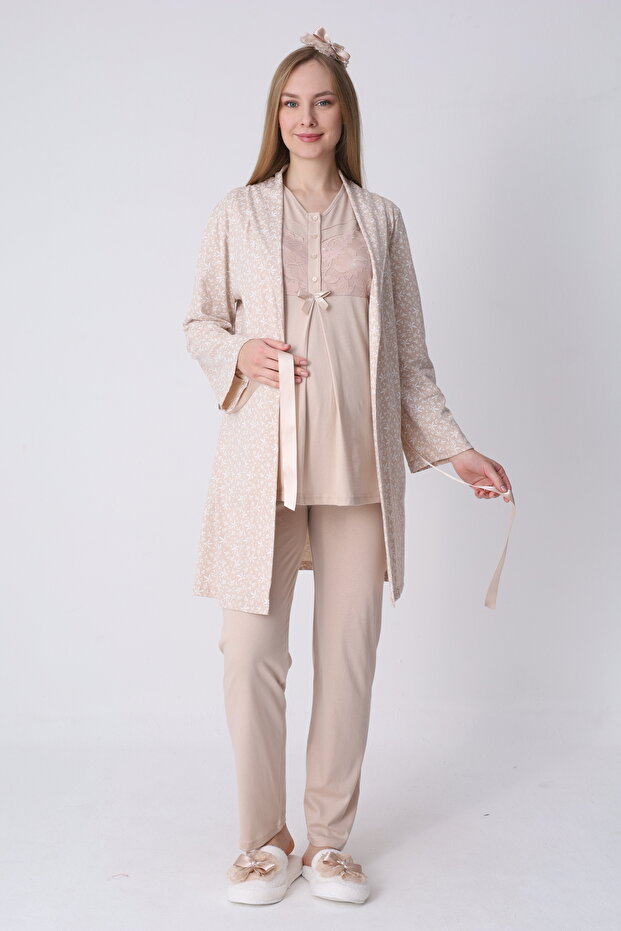 Women's 3-Piece Maternity Pajama Set with Lace Detail and Dressing Gown - Maternity Set That Makes Breastfeeding Easy