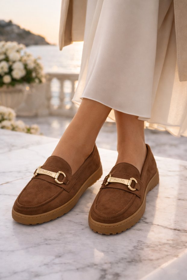 Brown Suede Women's Loafer Shoes – Gold Buckle Detail, Casual, Stylish and Comfortable Flats