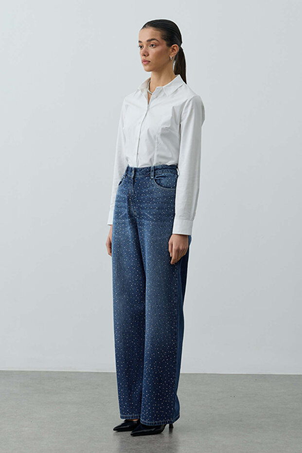 Sparkly Baggy Straight Fit Denim Trousers Navy Blue