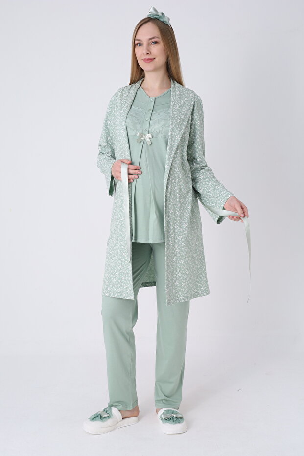 Women's 3-Piece Maternity Pajama Set with Lace Detail and Dressing Gown - Maternity Set That Makes Breastfeeding Easy