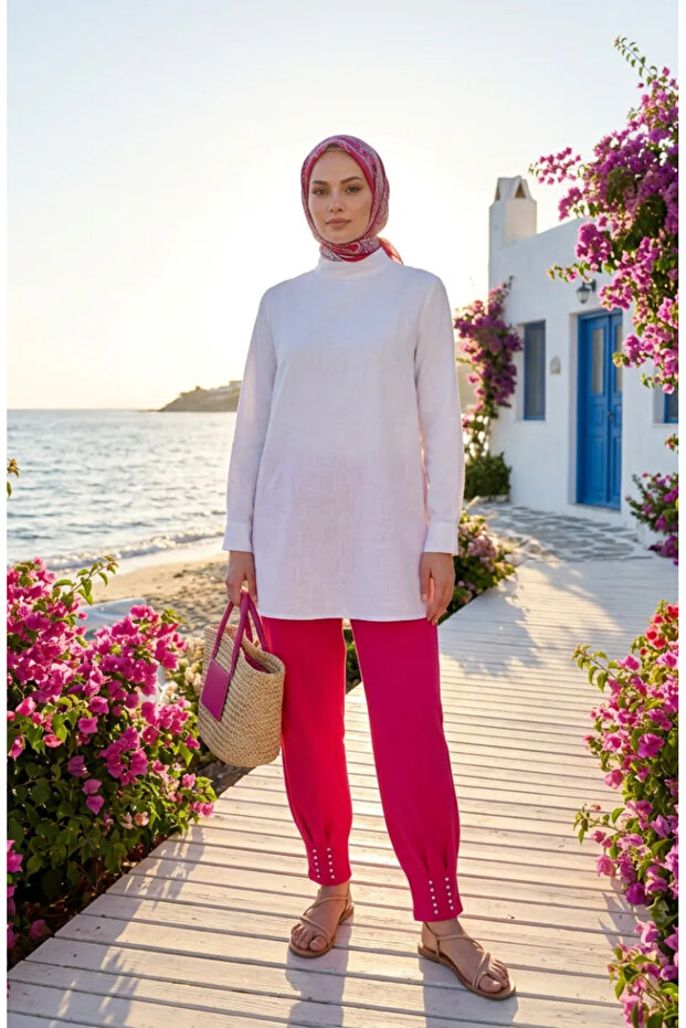 Elastic Waist Stoned Trousers 71101-02 Fuchsia