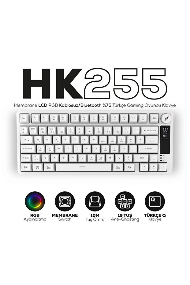 Hawk Gaming Chair HK255 Membrane LCD RGB Kablosuz/Bluetooth Beyaz %75 Türkçe Gaming Oyuncu Klavye
