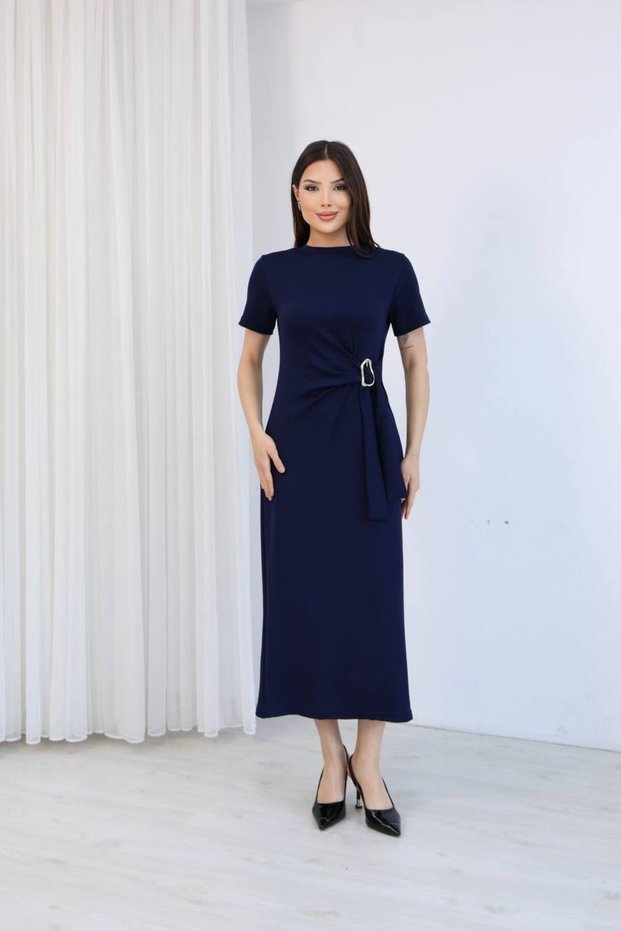 Women's Modal Fabric Waist Buckle Detailed Midi Dress Stylish Casual Office Dress