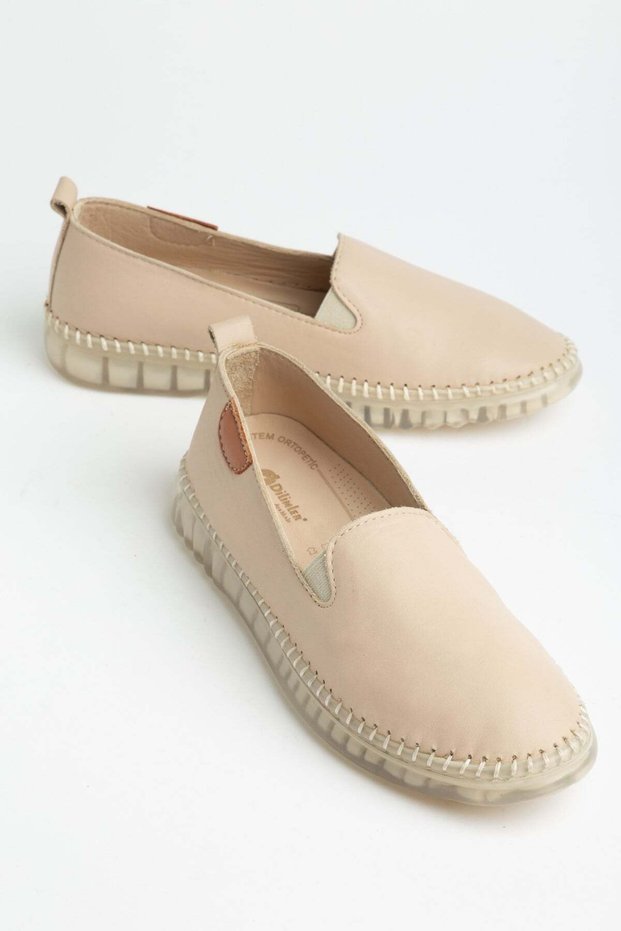 Genuine Leather Orthopedic Women's Casual Shoes Beige Laceless Transparent Sole